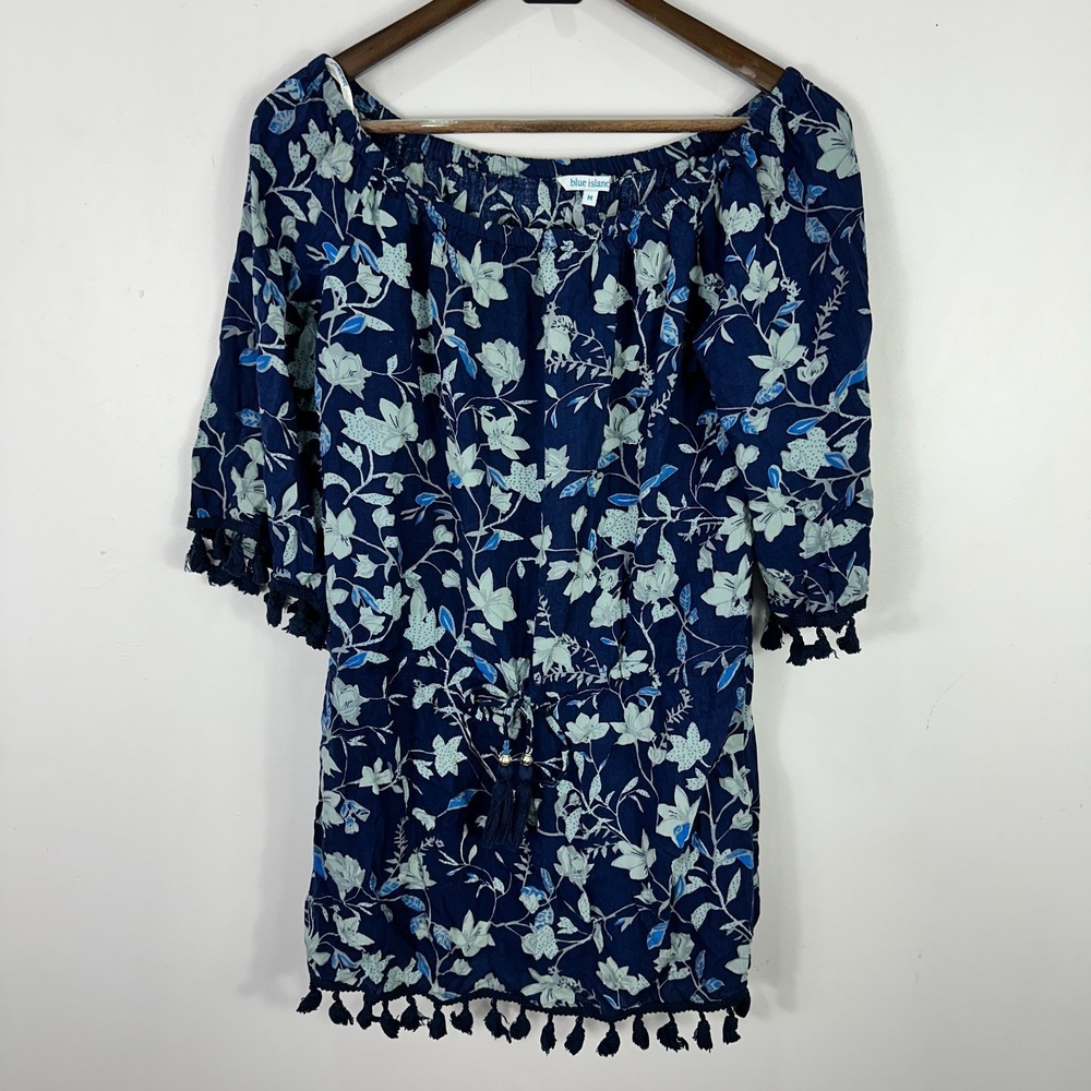Blue Island Swimsuit Cover‎ Up Dress Womens Medium Blue Floral Beacy Vacation